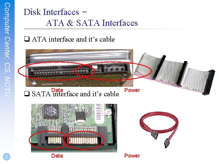 Computer Center, CS, NCTU 5 Disk Interfaces – ATA & SATA Interfaces q ATA
