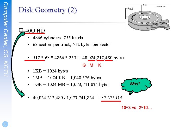 Computer Center, CS, NCTU Disk Geometry (2) q 40 G HD • 4866 cylinders,