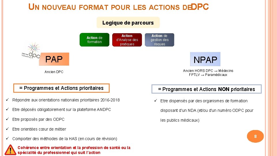 UN NOUVEAU FORMAT POUR LES ACTIONS DEDPC Logique de parcours Action de formation Action