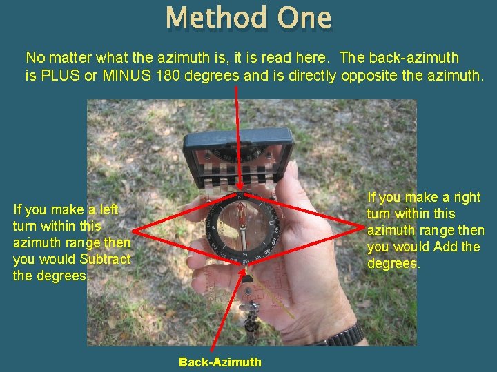 Method One No matter what the azimuth is, it is read here. The back-azimuth