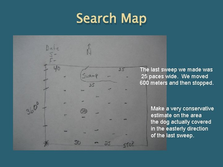 Search Map The last sweep we made was 25 paces wide. We moved 600