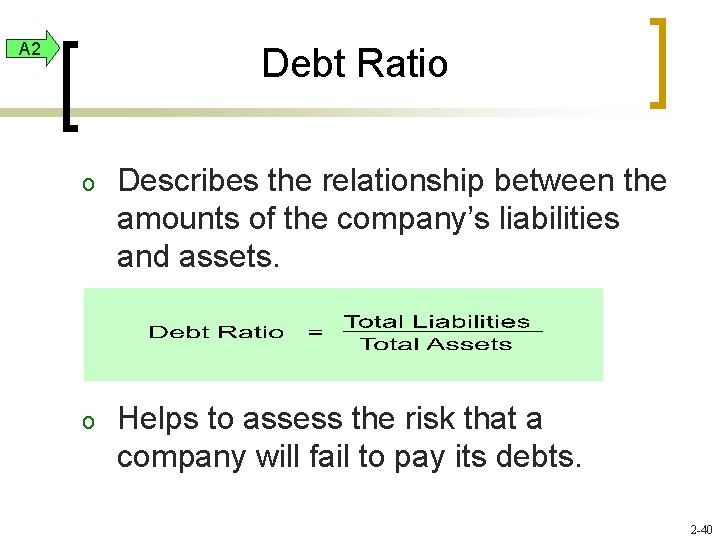 A 2 Debt Ratio o Describes the relationship between the amounts of the company’s