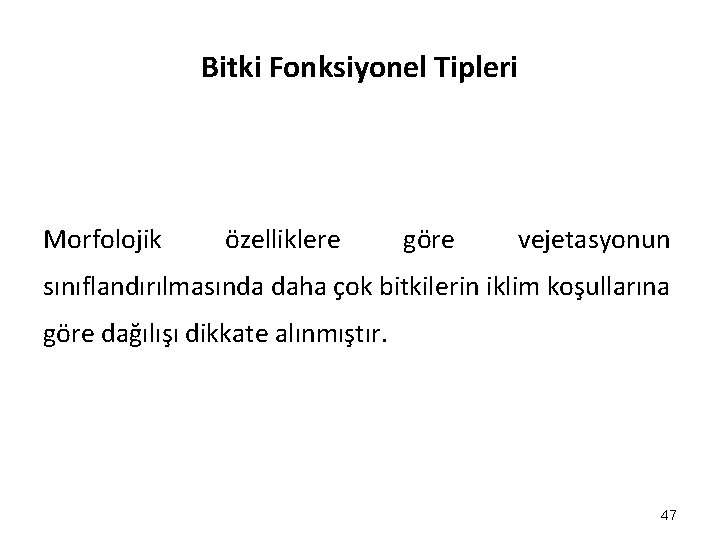 Bitki Fonksiyonel Tipleri Morfolojik özelliklere göre vejetasyonun sınıflandırılmasında daha çok bitkilerin iklim koşullarına göre