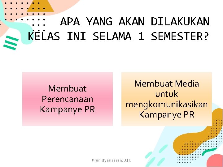 APA YANG AKAN DILAKUKAN KELAS INI SELAMA 1 SEMESTER? Membuat Perencanaan Kampanye PR Membuat