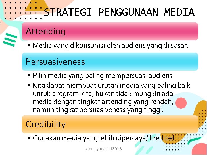 STRATEGI PENGGUNAAN MEDIA Attending • Media yang dikonsumsi oleh audiens yang di sasar. Persuasiveness