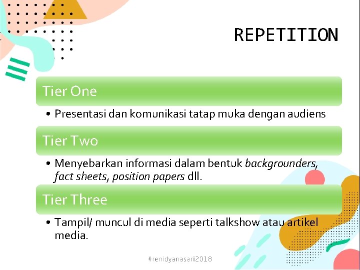 REPETITION Tier One • Presentasi dan komunikasi tatap muka dengan audiens Tier Two •