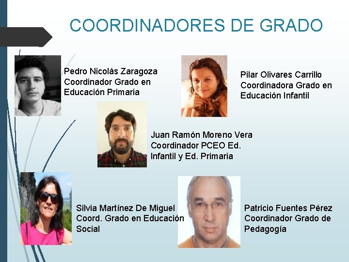 COORDINADORES DE GRADO Pedro Nicolás Zaragoza Coordinador Grado en Educación Primaria Pilar Olivares Carrillo
