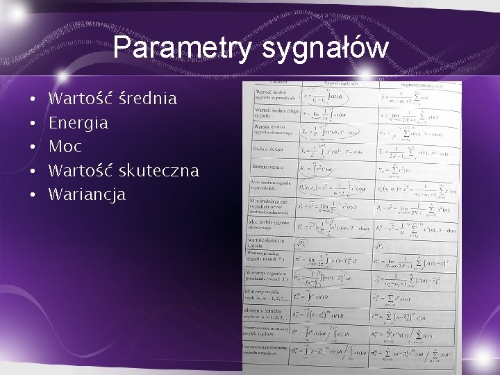 Parametry sygnałów • • • Wartość średnia Energia Moc Wartość skuteczna Wariancja 