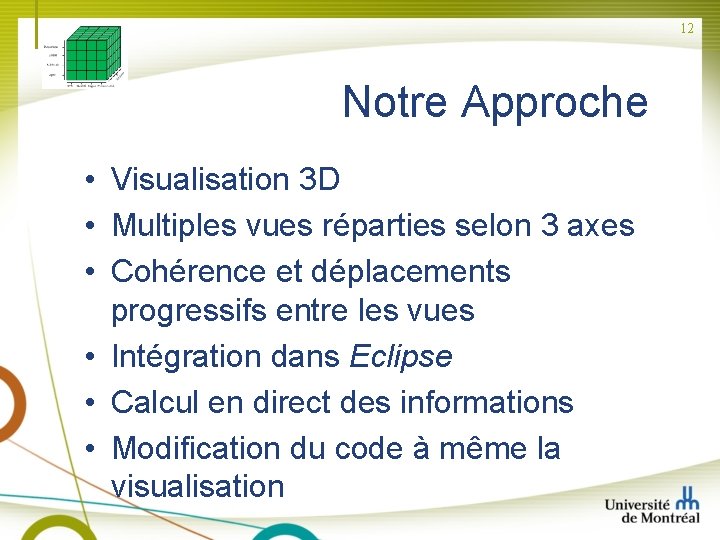 12 Notre Approche • Visualisation 3 D • Multiples vues réparties selon 3 axes