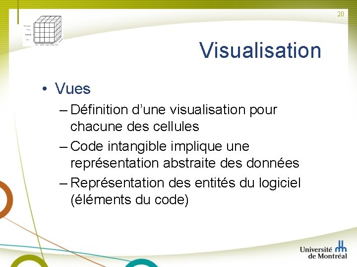 20 Visualisation • Vues – Définition d’une visualisation pour chacune des cellules – Code