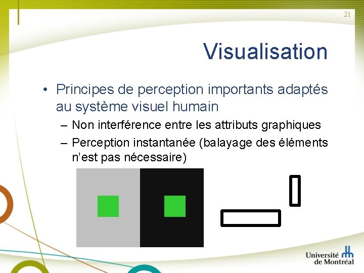 21 Visualisation • Principes de perception importants adaptés au système visuel humain – Non