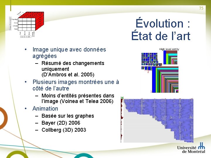 75 Évolution : État de l’art • Image unique avec données agrégées – Résumé