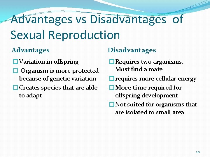 Advantages vs Disadvantages of Sexual Reproduction Advantages Disadvantages �Variation in offspring � Organism is