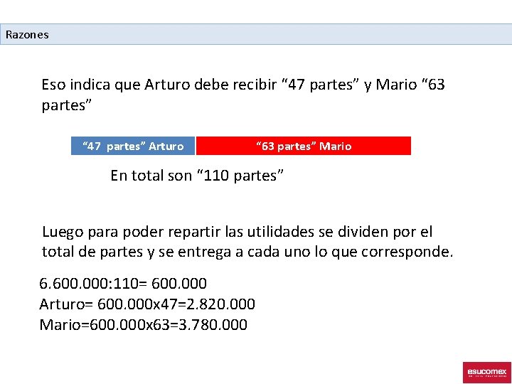 Razones Eso indica que Arturo debe recibir “ 47 partes” y Mario “ 63