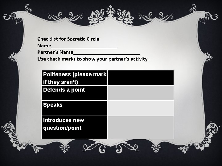 Checklist for Socratic Circle Name____________ Partner’s Name____________ Use check marks to show your partner’s