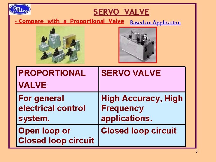 SERVO VALVE - Compare with a Proportional Valve Based on Application PROPORTIONAL VALVE SERVO