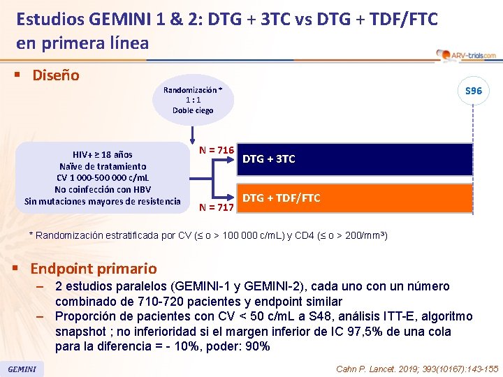 Estudios GEMINI 1 & 2: DTG + 3 TC vs DTG + TDF/FTC en Estudios GEMINI 1 & 2: DTG + 3 TC vs DTG + TDF/FTC en