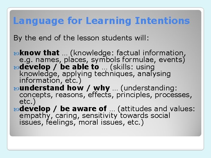 Language for Learning Intentions By the end of the lesson students will: know that