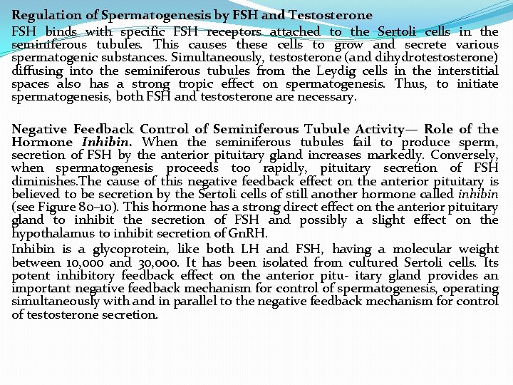 Regulation of Spermatogenesis by FSH and Testosterone FSH binds with specific FSH receptors attached