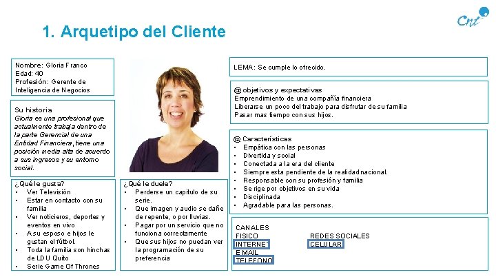 1. Arquetipo del Cliente Nombre: Gloria Franco Edad: 40 Profesión: Gerente de Inteligencia de