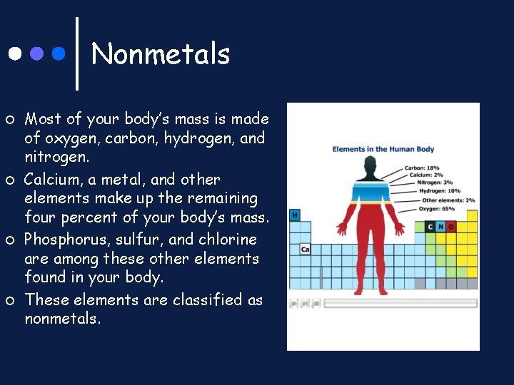 Nonmetals ¢ ¢ Most of your body’s mass is made of oxygen, carbon, hydrogen,