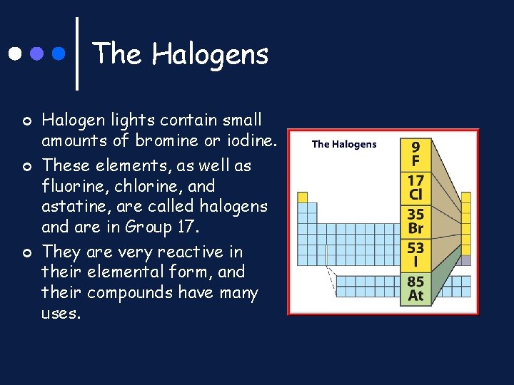 The Halogens ¢ ¢ ¢ Halogen lights contain small amounts of bromine or iodine.