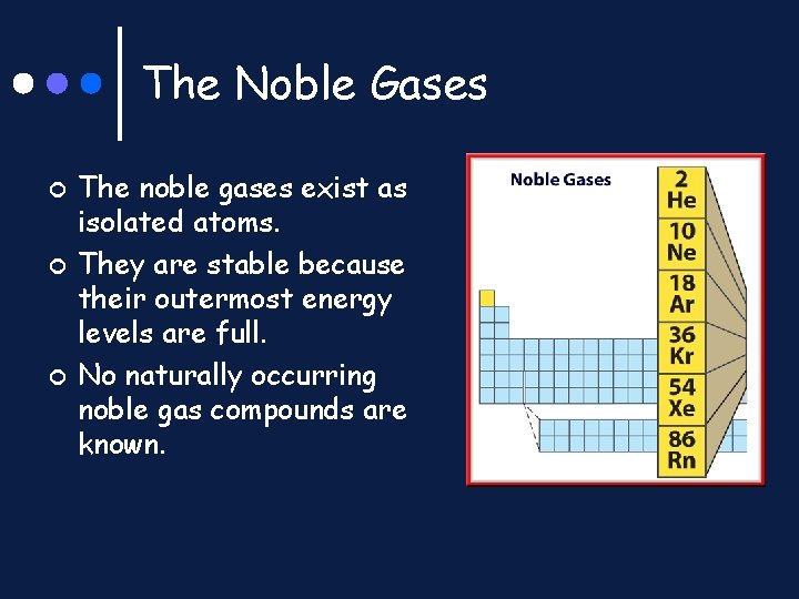 The Noble Gases ¢ ¢ ¢ The noble gases exist as isolated atoms. They