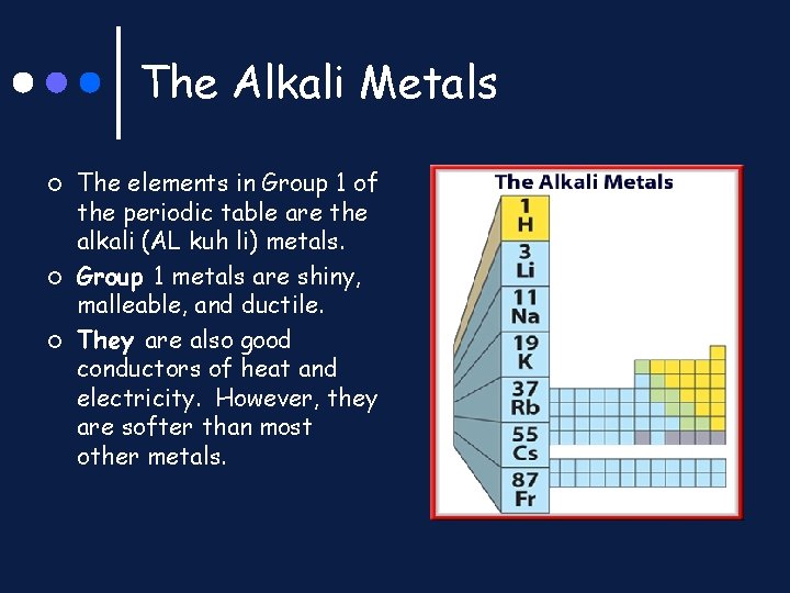 The Alkali Metals ¢ ¢ ¢ The elements in Group 1 of the periodic