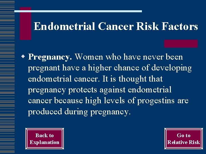 Endometrial Cancer Risk Factors w Pregnancy. Women who have never been pregnant have a