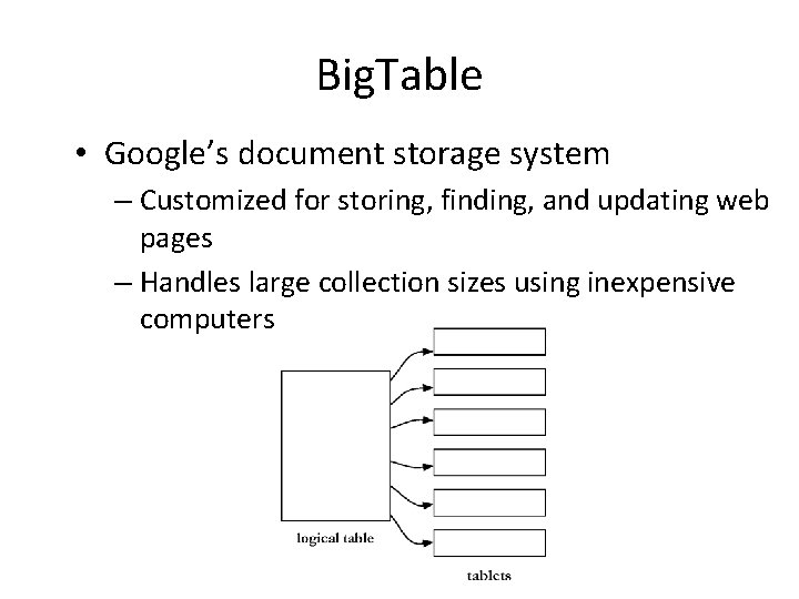 Big. Table • Google’s document storage system – Customized for storing, finding, and updating