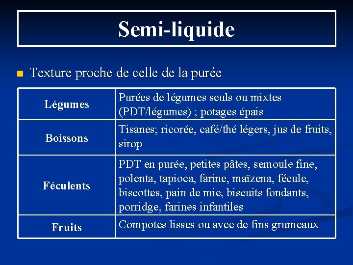 Semi-liquide n Texture proche de celle de la purée Légumes Purées de légumes seuls