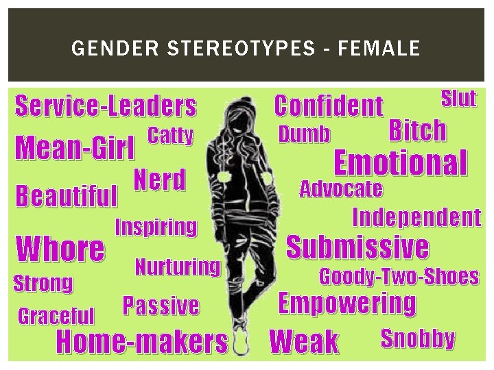 GENDER STEREOTYPES - FEMALE Service-Leaders Mean-Girl Beautiful Whore Strong Graceful Catty Nerd Inspiring Nurturing