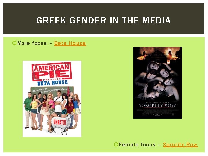 GREEK GENDER IN THE MEDIA Male focus – Beta House Female focus – Sorority