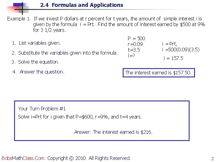 2. 4 Formulas and Applications Example 1. If we invest P dollars at r 2. 4 Formulas and Applications Example 1. If we invest P dollars at r