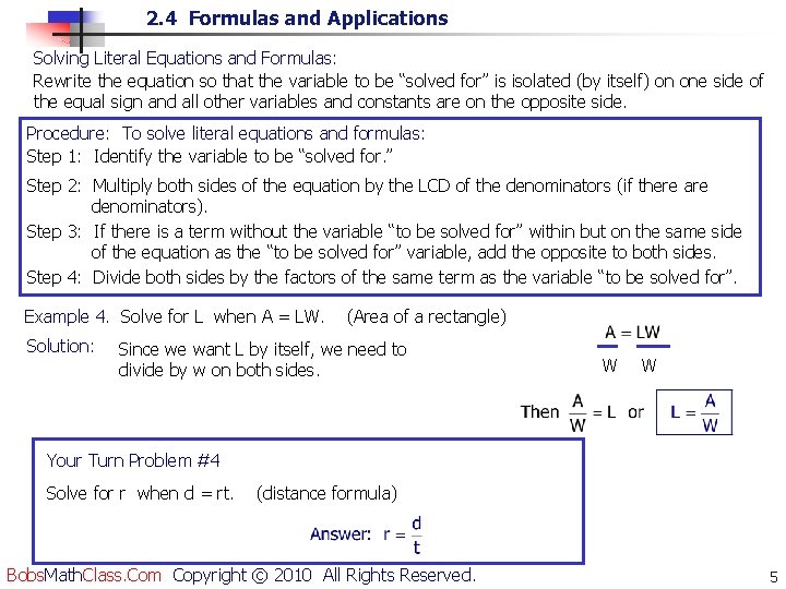 2. 4 Formulas and Applications Solving Literal Equations and Formulas: Rewrite the equation so 2. 4 Formulas and Applications Solving Literal Equations and Formulas: Rewrite the equation so