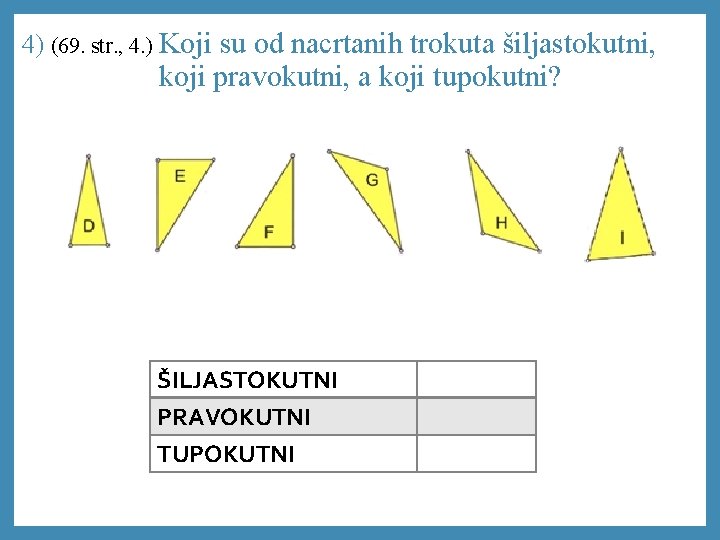 4) (69. str. , 4. ) Koji su od nacrtanih trokuta šiljastokutni, koji pravokutni,