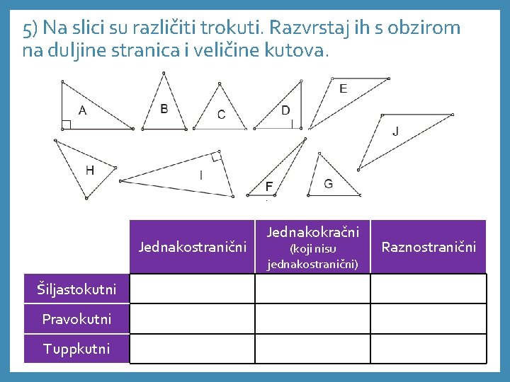 5) Na slici su različiti trokuti. Razvrstaj ih s obzirom na duljine stranica i