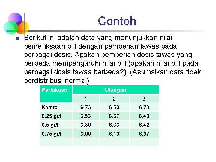 Contoh n Berikut ini adalah data yang menunjukkan nilai pemeriksaan p. H dengan pemberian