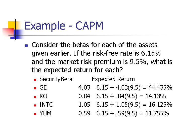 Example - CAPM n Consider the betas for each of the assets given earlier.