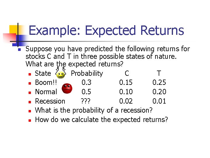 Example: Expected Returns n Suppose you have predicted the following returns for stocks C