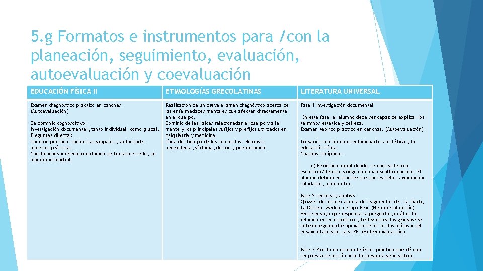 5. g Formatos e instrumentos para /con la planeación, seguimiento, evaluación, autoevaluación y coevaluación