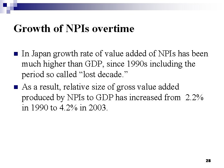 Growth of NPIs overtime n n In Japan growth rate of value added of