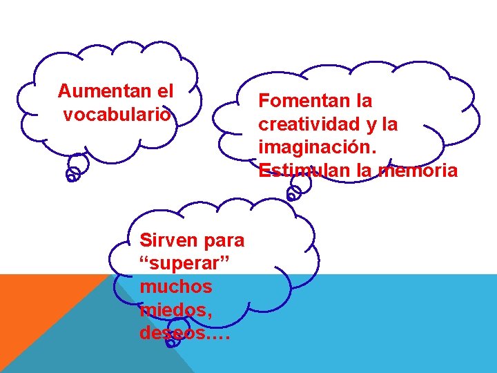 Aumentan el vocabulario Sirven para “superar” muchos miedos, deseos…. Fomentan la creatividad y la