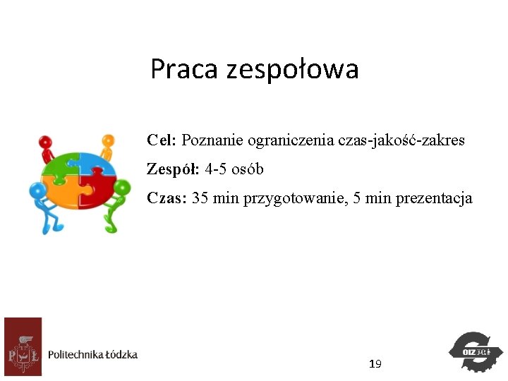 Praca zespołowa Cel: Poznanie ograniczenia czas-jakość-zakres Zespół: 4 -5 osób Czas: 35 min przygotowanie,