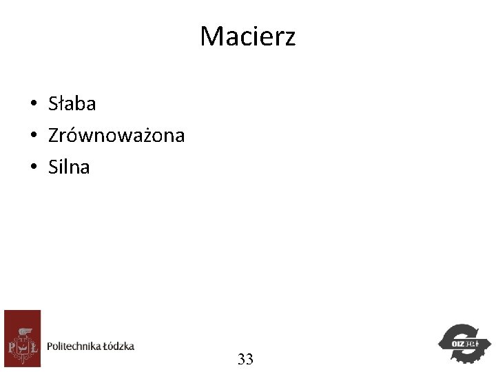 Macierz • Słaba • Zrównoważona • Silna Studia. Podyplomowe Zarządzanie Projektami 33 Macierz • Słaba • Zrównoważona • Silna Studia. Podyplomowe Zarządzanie Projektami 33