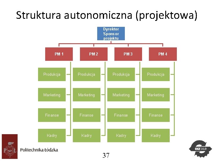 Struktura autonomiczna (projektowa) Dyrektor Sponsor projektu PM 1 PM 2 PM 3 PM 4