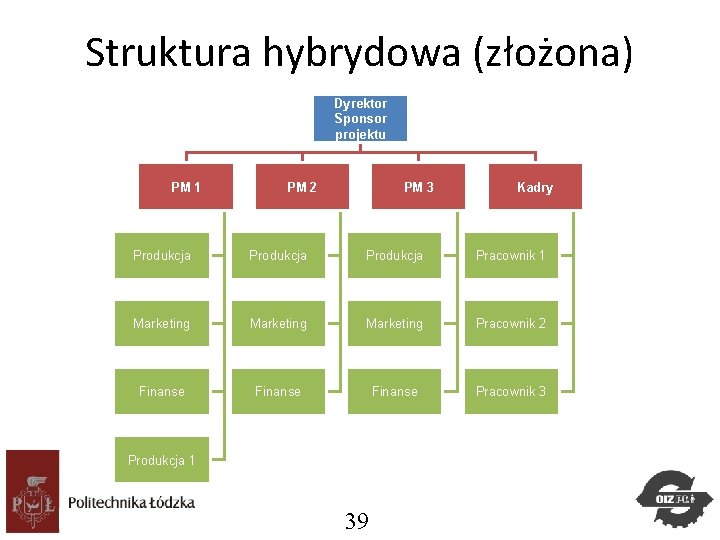 Struktura hybrydowa (złożona) Dyrektor Sponsor projektu PM 1 PM 2 PM 3 Kadry Produkcja