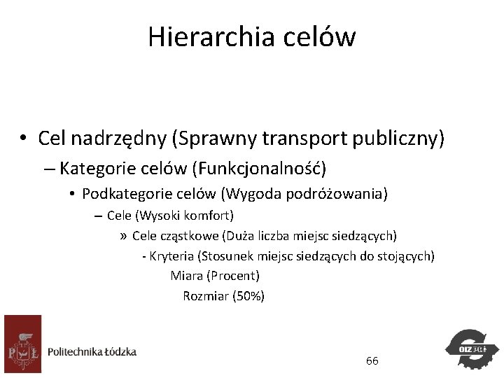 Hierarchia celów • Cel nadrzędny (Sprawny transport publiczny) – Kategorie celów (Funkcjonalność) • Podkategorie Hierarchia celów • Cel nadrzędny (Sprawny transport publiczny) – Kategorie celów (Funkcjonalność) • Podkategorie