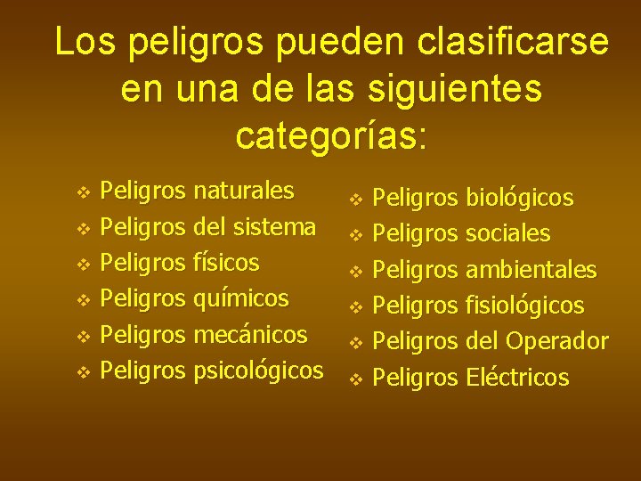 Los peligros pueden clasificarse en una de las siguientes categorías: v v v Peligros
