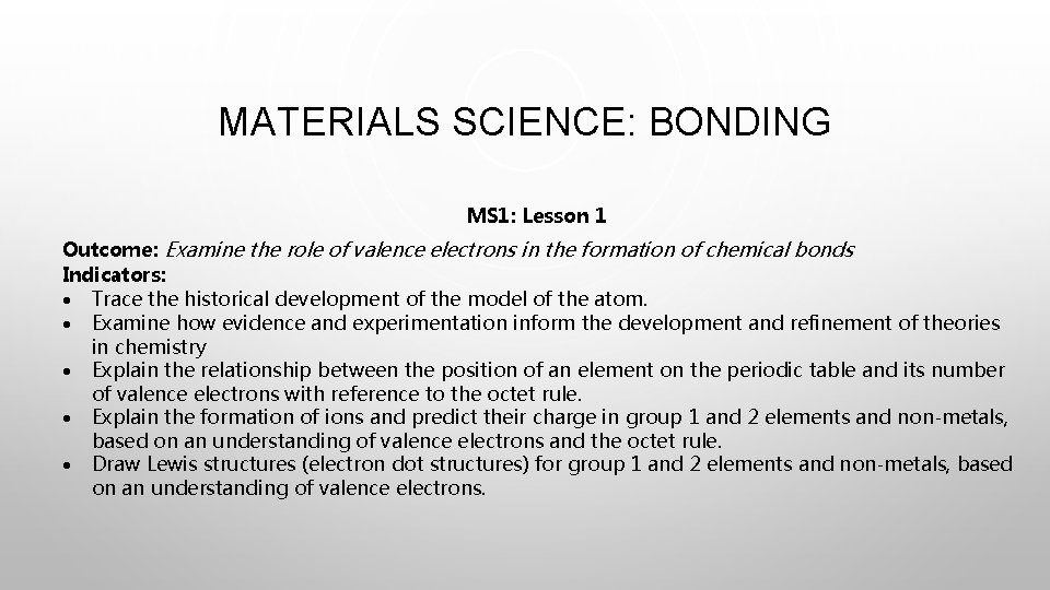 MATERIALS SCIENCE: BONDING MS 1: Lesson 1 Outcome: Examine the role of valence electrons